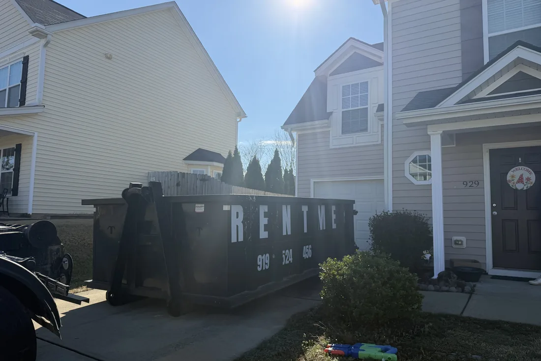 Waste On Wheels roll-off dumpster on a job in Cary, Wake County, NC